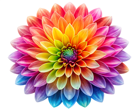 Vibrant Rainbow Dahlia Flower with Intricate Petal Layers on Black Background bloom blossom isolated on a transparent background