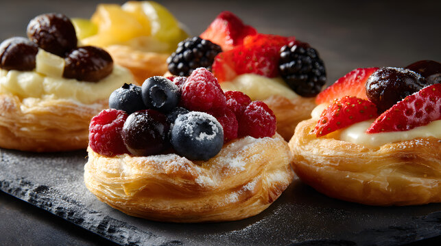 Delicately Crafted Danish Pastries Showcased with Assorted Fruits, Perfect for a Bakery Display or Breakfast Table. Danish Pastry, Fruit, Bakery, and Breakfast Concepts.