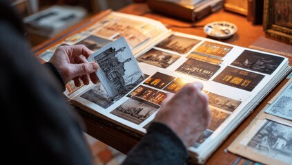 Senior reviewing old photos in antique album, dimly lit study, nostalgic memories, historical research