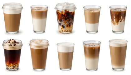 Collection of coffee drinks in clear glasses, plastic cups, featuring various flavors, colors. Includes lattes, cappuccinos, macchiatos with milk, foam, cream. Refreshing beverages perfect for cafes,