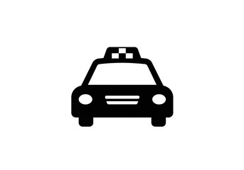 A simple black and white taxi cab icon with a checkered roof light facing forward