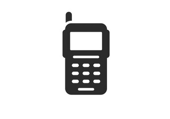 A simple black and white icon of a vintage cellular phone with antenna and keypad design