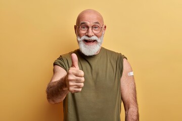 Smiling Senior Man with Vaccination Bandage Gives Thumbs Up on Yellow Background