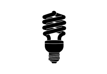 A black and white graphic of a compact fluorescent lightbulb on a white background