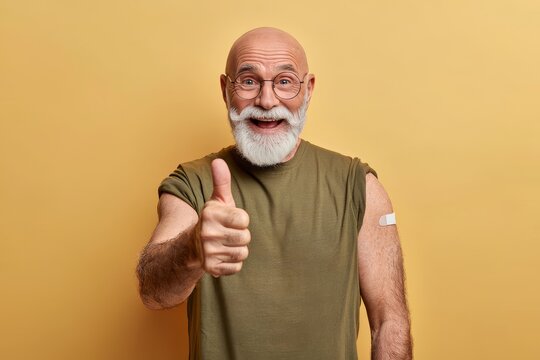 Smiling Senior Man with Vaccination Bandage Gives Thumbs Up on Yellow Background