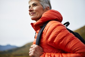 Mature Woman Hiking in Mountains, Smiling and Looking Upward