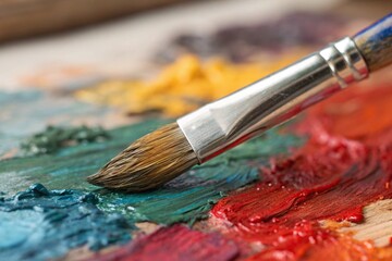 Fototapeta premium Paintbrush mixing colors on a palette