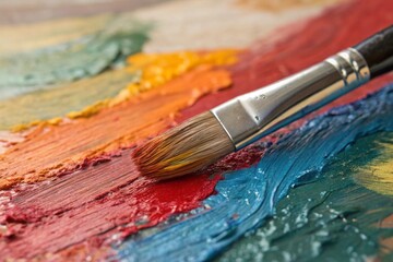 Fototapeta premium Paintbrush on Colorful Oil Paint Strokes Palette