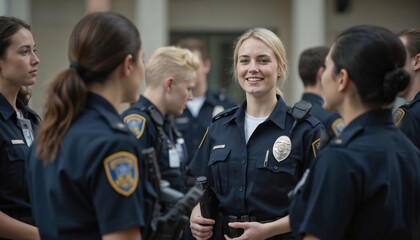 Smiling blonde female police officer in uniform communicates with colleagues. Diverse team members in dark blue shirts with badges and equipment. Scene conveys teamwork, trust, and community safety.