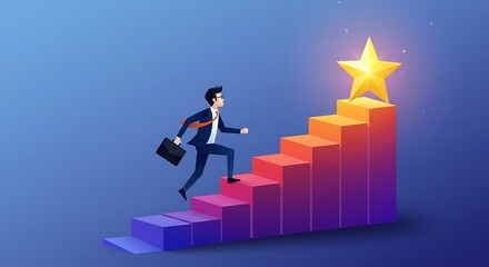 Businessman climbing stairs to a star, a vector concept of career growth, ambition, and achieving business goals.