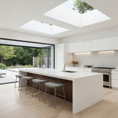 Luxurious modern kitchen with minimal design. Features sleek island, wooden floors, bright setting. Large sliding glass doors open to garden view. Integrated cabinets, stovetop, sink complete elegant