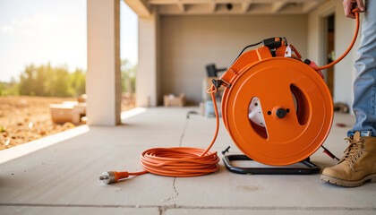 Orange extension cord reel on construction site with sunlight background  