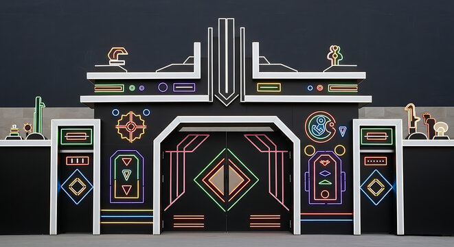 A futuristic entrance with neon lights and geometric shapes in a dark and modern setting style concept back to school ai generated