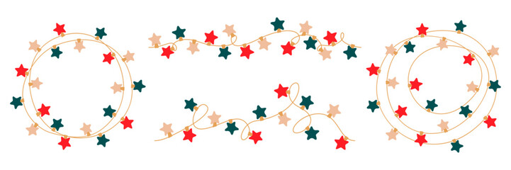 Christmas lights garland with colored star bulbs. Xmas festive string decoration with hanging retro led lamp. Glowing string with lamps for holiday cards, banners, posters, web. Vector illustration.