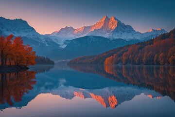 Fototapeta premium Serene Autumn Twilight Reflections on Eibsee Lake with Zugspitze Mountains - A Majestic Scenic Landscape in Bavaria