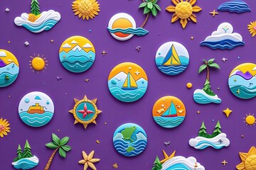 Colorful Travel Badge Compilation: Voyage Theme with Summer Symbols and Expedition Icons on Purple Background