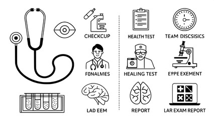 "Infographic-ready medical icon bundle — including checkup symbols like stethoscope, organs, diagnostic tools, hearing test, eye exam, lab reports, MRI scan"