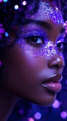 Obraz premium Black model with iridescent makeup and glittered face in vibrant light 