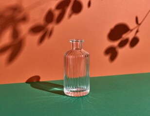 A single clear glass vase or bottle stands against a terracotta or green background. Focus on light reflections through the glass. Minimalist, clean composition.