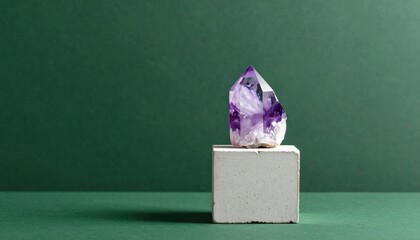 Minimalist photo: a crystal or mineral (quartz, amethyst) placed on a concrete pedestal. Background — deep gray-green. Light texture, negative space all around.
