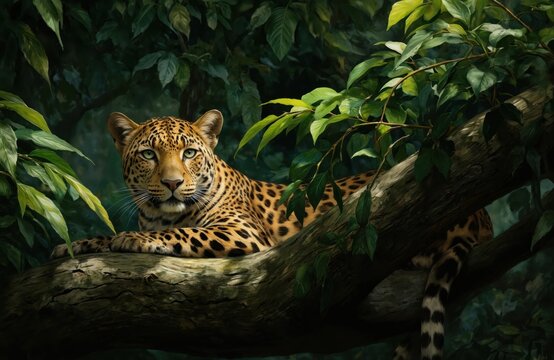 Leopard rests on tree branch in rich green leaves. Piercing gaze scans jungle, embodying wildlife conservation spirit for World Wildlife Day. Big cat camouflage blends with nature, majestic presence,