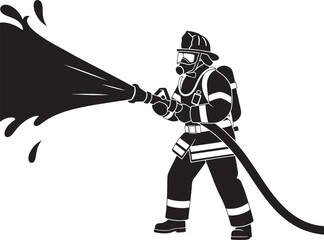 Black silhouette of firefighter spraying water hose