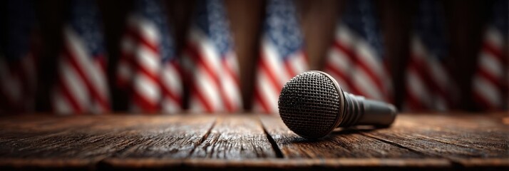 Close-up of microphone on wooden table with American flags in background during public speaking event