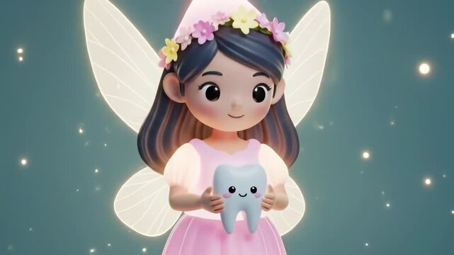 A little cartoon fairy holding a glowing tooth with a happy face a cute and whimsical image of a dentist or children's fantasy