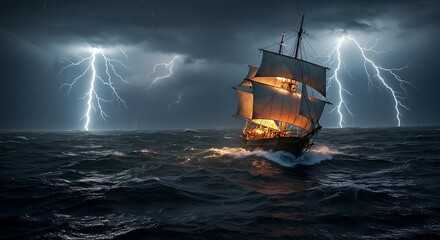 Sailing Ship Navigating Stormy Seas Under Lightning Sky