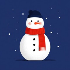 Snowman with red scarf and blue hat against a dark winter night background filled with snowflakes