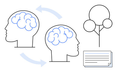 Two heads with brain outlines linked by arrows, a tree-thumbs up abstract idea symbol, and a document indicating knowledge sharing. Ideal for creativity, teamwork, brainstorming, learning