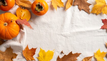 パンプキンと柿そして落ち葉が明るいリネンの上にゆったりと配置された秋の静物を感じさせるナチュラルな構図

