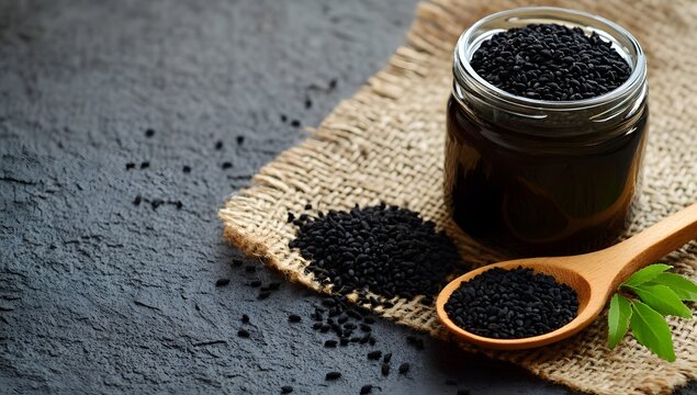 Black cumin seeds in a wooden spoon rest on burlap with a glass jar and green leaf, styled over a dark background for a natural rustic look.


