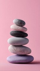 Serene Stacked Stones on Pink Background Spa, Wellness, Balance Concept