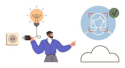 Man connects lightbulb to socket symbolizing innovation, alongside facial recognition, cloud storage, and idea verification. Ideal for technology, innovation, biometrics, cloud computing, creativity