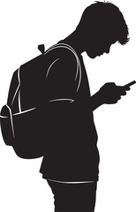 Silhouette of young man with backpack looking at phone