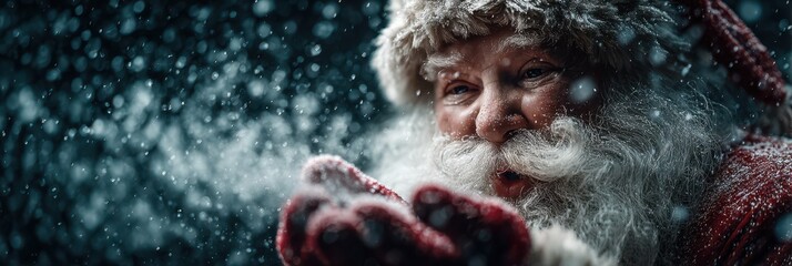 Santa Claus delightfully blowing snowflakes in a winter wonderland during a festive celebration