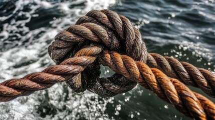 Fototapeta premium Rope knot tied to steel cable near open water--nautical close-up 