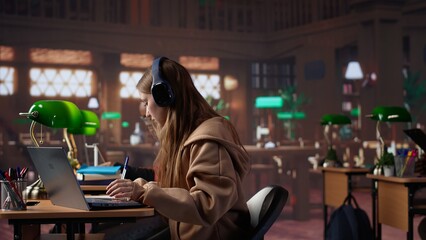 College student participates at online webinar course with headphones in the library, takes notes and learns about law in a non traditional live event. Girl listens to academic experts. Camera A.