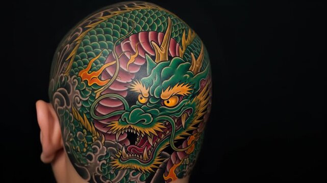An intricate Japanese tattoo of a green dragon covering the back of a man's shaved head a beautiful and detailed image of body art and Eastern mythology