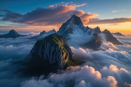 Stunning Aerial Views of Sunset Over Cloud-Covered Mountain Peaks on Pico Island Azores Portugal