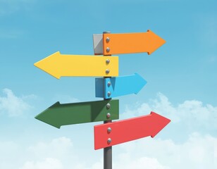 Multicolor directional arrows on post against blue sky with clouds. Signpost indicates multiple choices, decision making, pathways, future strategy. Concept of options, journey, adventure, guidance.