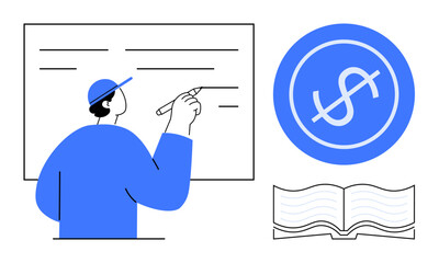 Person writes on board, emphasizing education and financial insights. Coin symbol suggests money theme, and book implies learning. Ideal for finance, education, planning, training, guidance study