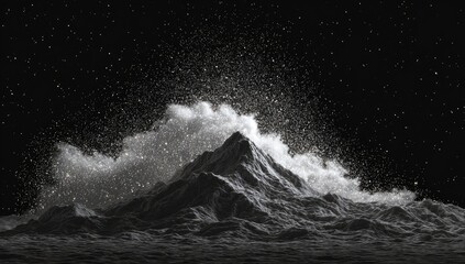 Monochrome mountain erupting dust, starscape background.  Digital art for fantasy, sci-fi, or nature