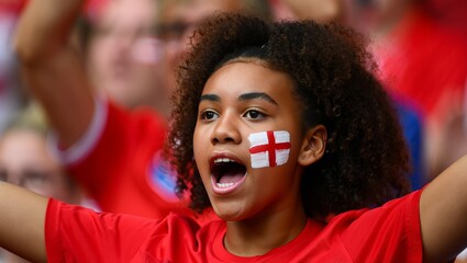 Excited Female Fan with England Flag Face Paint at a Sports Event