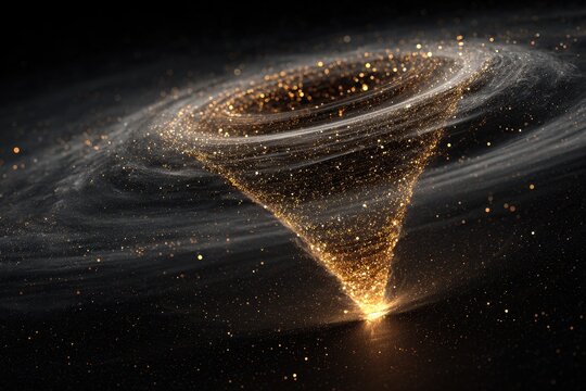 Glowing spiral shape made of particles with golden lines flowing around it on a dark background, creating depth and movement, artistic rendering - Powered by Adobe