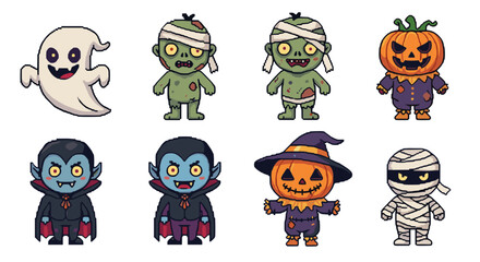 Fototapeta premium Collection of halloween cartoon characters including ghost mummies vampires and pumpkin headed figures