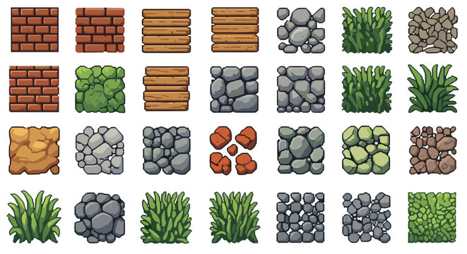 Collection of pixel art textures featuring brick walls wood planks stone formations and tufts of grass
