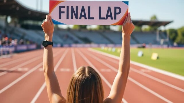 A person holding up a "FINAL LAP" sign on a stadium track with a blurred running person in the background a motivational and athletic image of competition and endurance