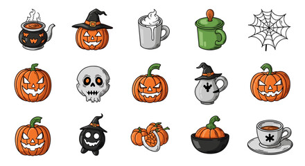 Collection of halloween themed icons featuring pumpkins, mugs, a skull, and a spider web illustration